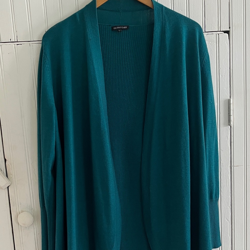 Eileen Fisher Teal Knit Marino Wool Cardigan